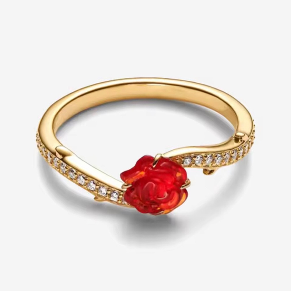 Gold-Tone Beauty and the Beast Ring with Red Flower Accent - Picture 1 of 1